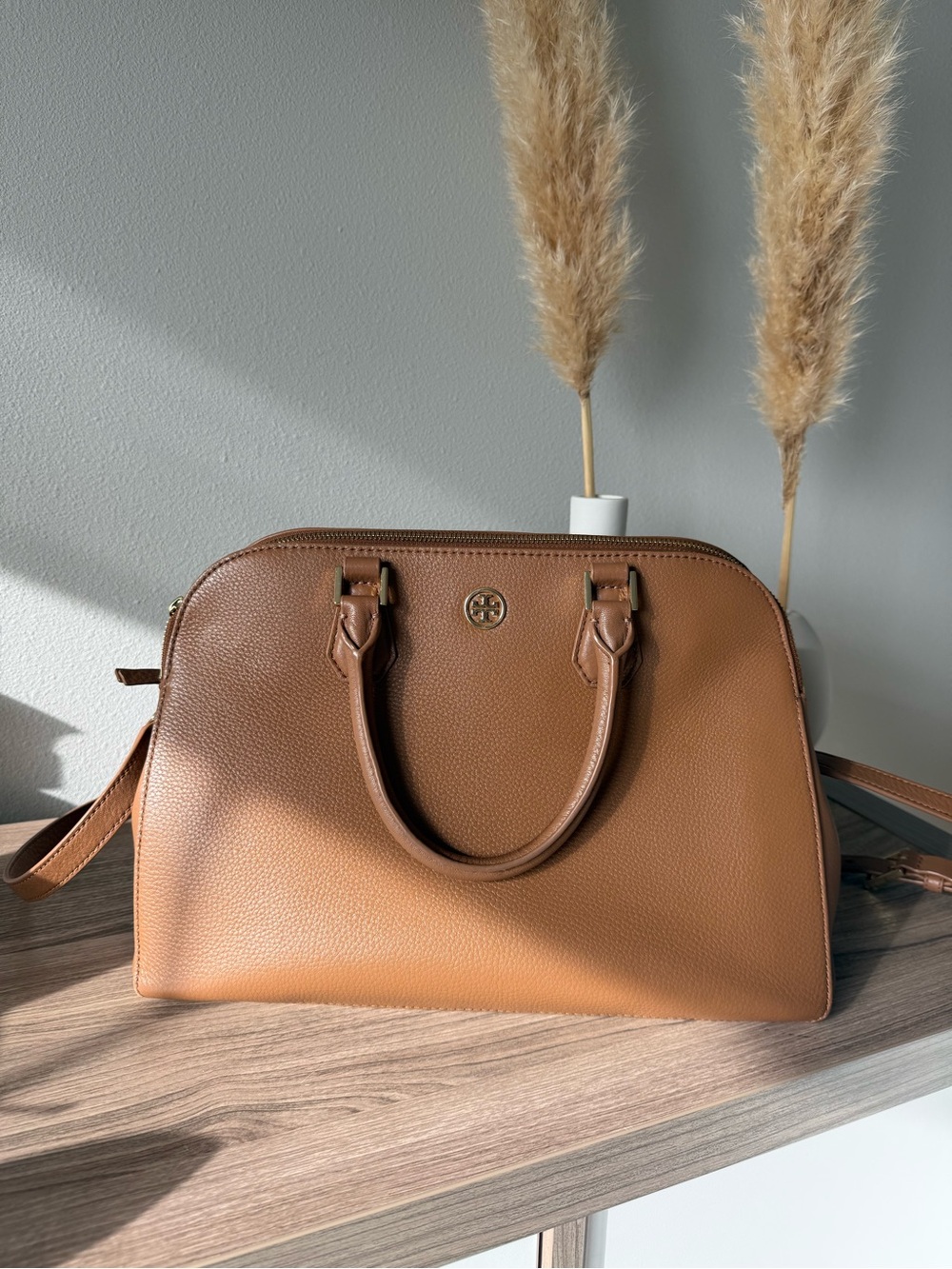 Tory Burch Pebbled Double Zip Satchel - Tan - Picture 6 of 14